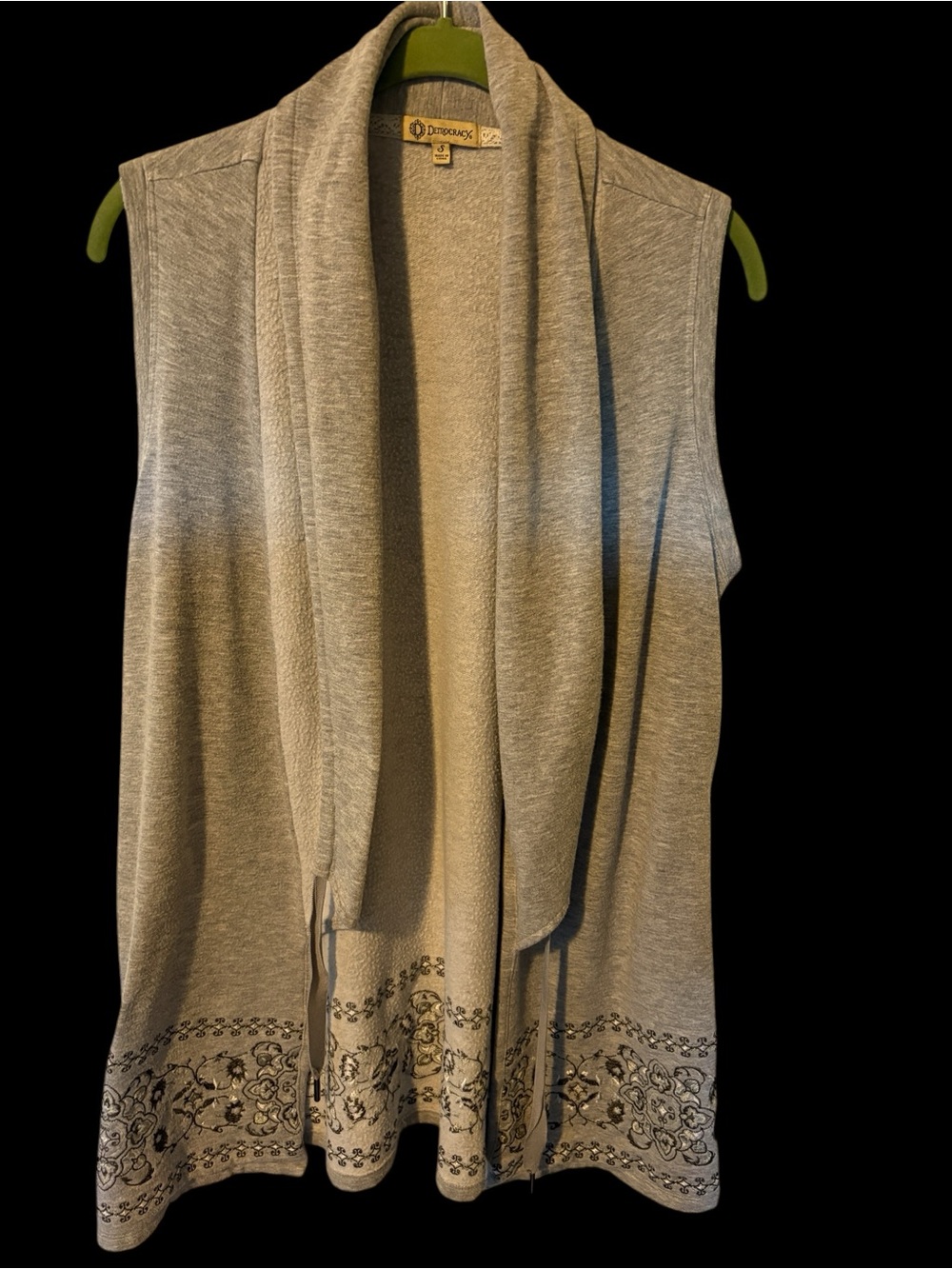 Democracy Gray Open-Front Draped Vest with Embroidered Trim